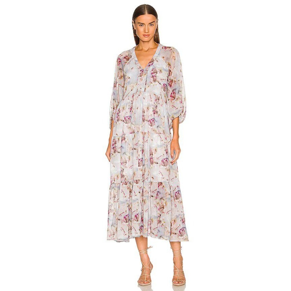 Allsaints Floral Print Trude Vimur V-Neck Midi Dress White Women's Size 10